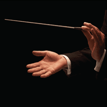 A conductor's hand holding a baton.
